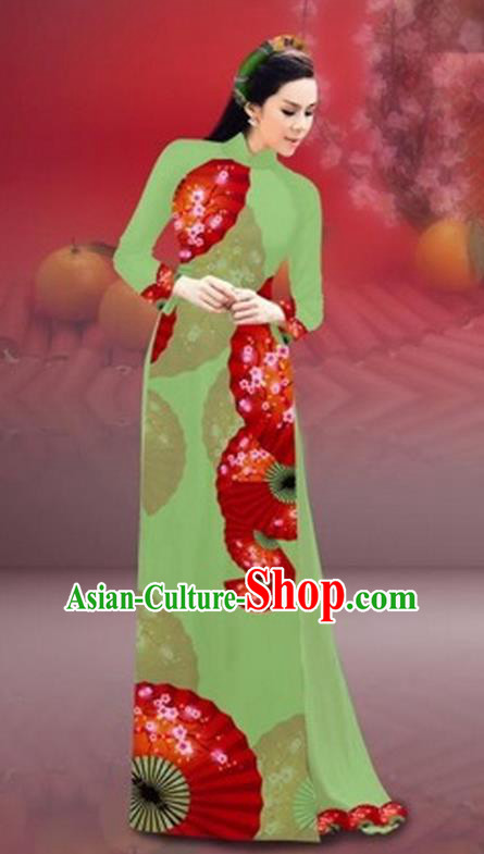 Traditional Top Grade Asian Vietnamese Costumes Classical New Year Printing Cheongsam, Vietnam National Green Ao Dai Dress for Women