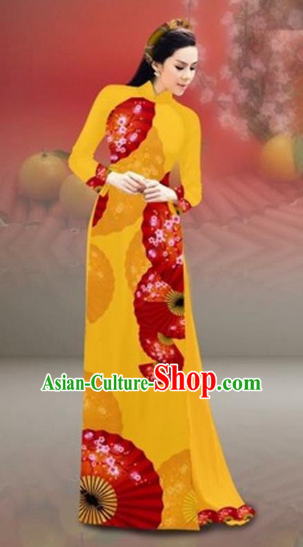 Traditional Top Grade Asian Vietnamese Costumes Classical New Year Printing Cheongsam, Vietnam National Bright Yellow Ao Dai Dress for Women