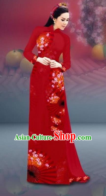 Traditional Top Grade Asian Vietnamese Costumes Classical New Year Printing Cheongsam, Vietnam National Red Ao Dai Dress for Women