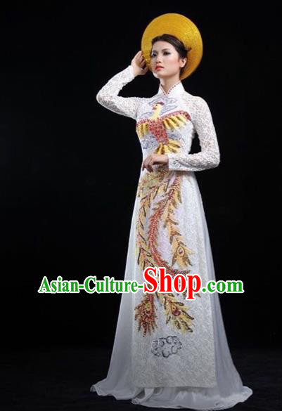 Traditional Top Grade Asian Vietnamese Costumes Classical Embroidering Phoenix Cheongsam, Vietnam National Wedding Bride Ao Dai Dress for Women