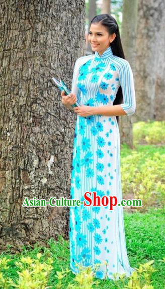 Traditional Top Grade Asian Vietnamese Costumes Classical Printing Cheongsam, Vietnam National Wedding Bride Blue Ao Dai Dress for Women