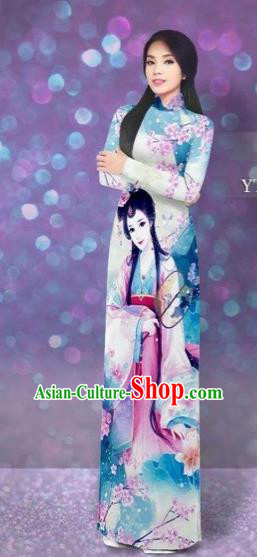 Traditional Top Grade Asian Vietnamese Costumes Classical Printing Beauty Cheongsam, Vietnam National Blue Ao Dai Dress for Women