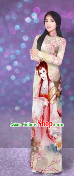 Traditional Top Grade Asian Vietnamese Costumes Classical Printing Beauty Cheongsam, Vietnam National Pink Ao Dai Dress for Women