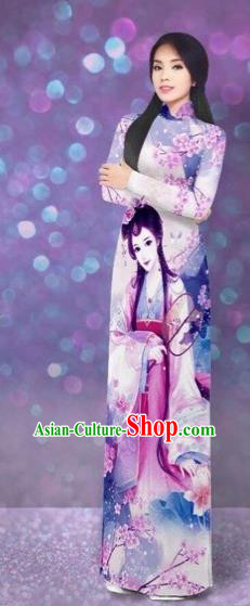 Traditional Top Grade Asian Vietnamese Costumes Classical Printing Beauty Cheongsam, Vietnam National Lilac Ao Dai Dress for Women