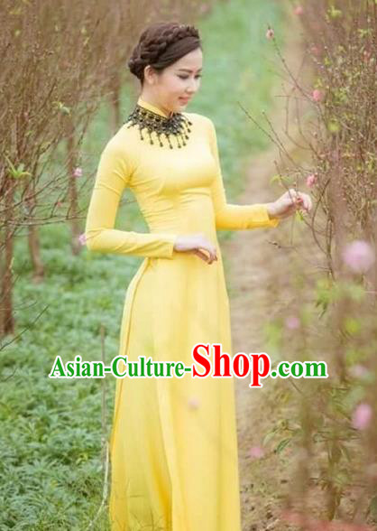 Traditional Top Grade Asian Vietnamese Costumes Classical Wedding Bride Cheongsam, Vietnam National Yellow Ao Dai Dress for Women