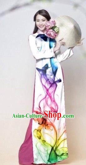 Traditional Top Grade Asian Vietnamese Costumes Classical Catwalks Printing Cheongsam, Vietnam National Princess White Ao Dai Dress for Women