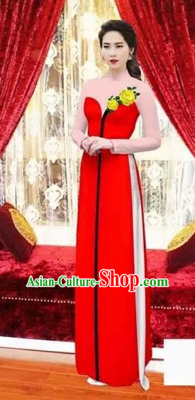 Traditional Top Grade Asian Vietnamese Costumes Classical Wedding Bride Toast Cheongsam, Vietnam National Princess Matching Red Printing Ao Dai Dress for Women