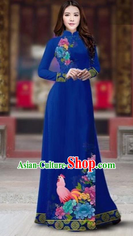 Traditional Top Grade Asian Vietnamese Costumes Classical Rooster Year Cheongsam, Vietnam National Ao Dai Dress Princess Blue Full Dress for Women