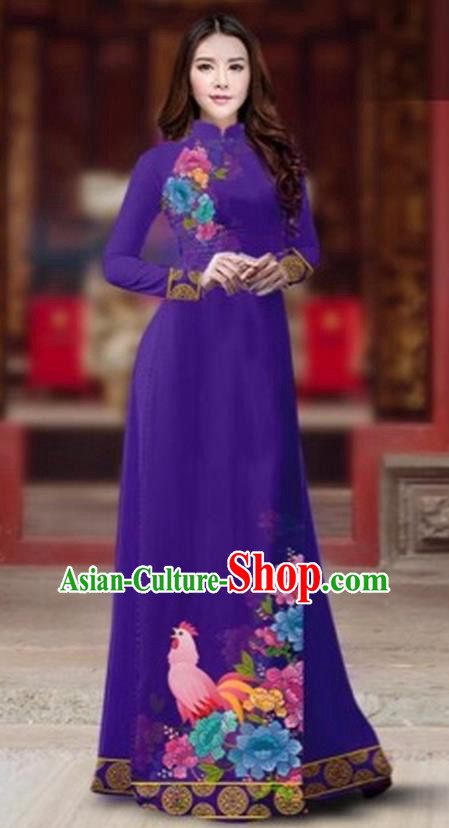 Traditional Top Grade Asian Vietnamese Costumes Classical Rooster Year Cheongsam, Vietnam National Ao Dai Dress Princess Purple Full Dress for Women
