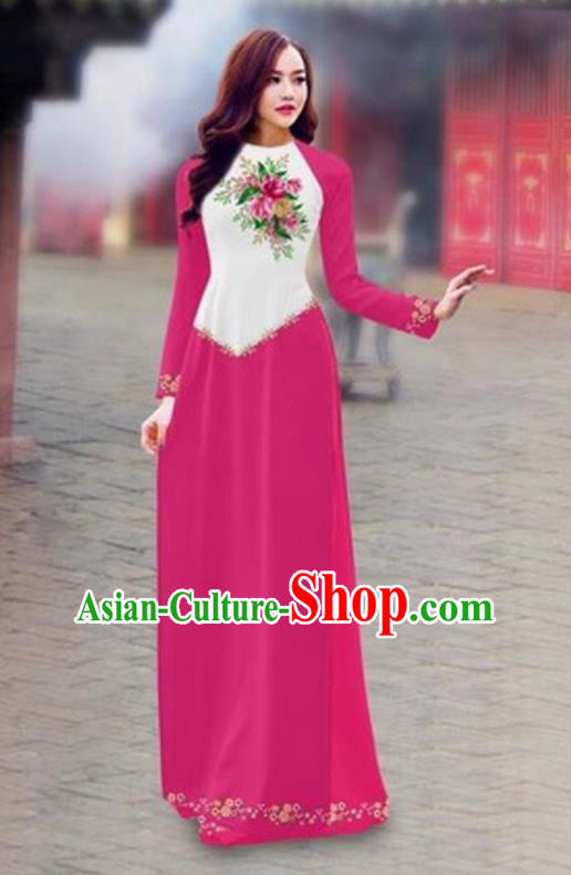 Traditional Top Grade Asian Vietnamese Costumes Classical Color Matching Cheongsam, Vietnam National Ao Dai Dress Printing Pink Full Dress for Women