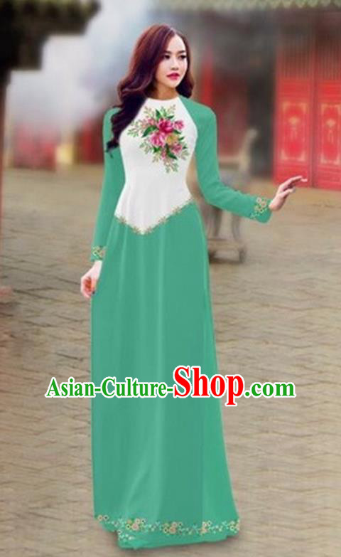 Traditional Top Grade Asian Vietnamese Costumes Classical Color Matching Cheongsam, Vietnam National Ao Dai Dress Printing Light Green Full Dress for Women