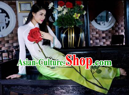 Traditional Top Grade Asian Vietnamese Costumes Classical Printing Rose Cheongsam, Vietnam National Ao Dai Dress Full Dress for Women