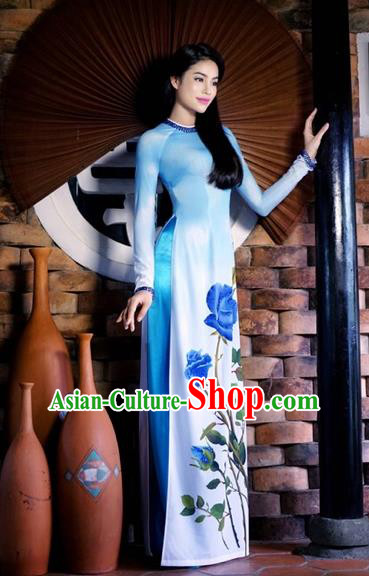 Traditional Top Grade Asian Vietnamese Costumes Classical Printing Blue Rose Cheongsam, Vietnam National Ao Dai Dress Full Dress for Women