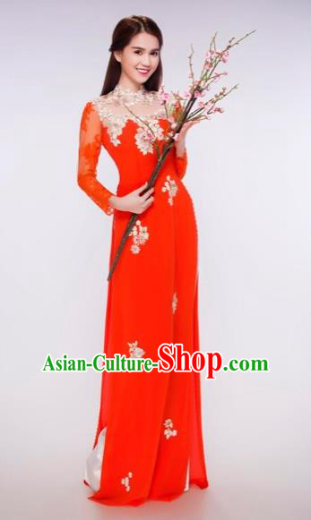 Traditional Top Grade Asian Vietnamese Costumes Classical Bride Wedding Cheongsam, Vietnam National Red Ao Dai Dress for Women