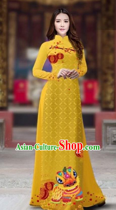 Traditional Top Grade Asian Vietnamese Costumes Classical Printing New Year Cheongsam, Vietnam National Ao Dai Dress Princess Ginger Full Dress for Women