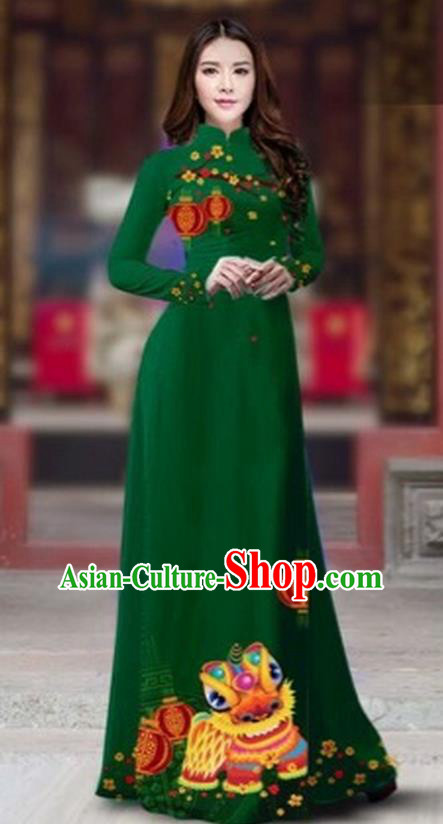 Traditional Top Grade Asian Vietnamese Costumes Classical Printing New Year Cheongsam, Vietnam National Ao Dai Dress Princess Deep Green Full Dress for Women