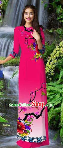 Traditional Top Grade Asian Vietnamese Costumes Classical Rosy Cheongsam, Vietnam National Printing Ao Dai Dress for Women