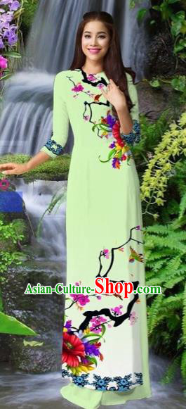 Traditional Top Grade Asian Vietnamese Costumes Classical Light Green Cheongsam, Vietnam National Printing Ao Dai Dress for Women