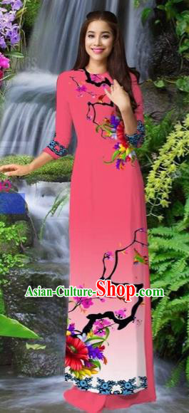 Traditional Top Grade Asian Vietnamese Costumes Classical Pink Cheongsam, Vietnam National Printing Ao Dai Dress for Women