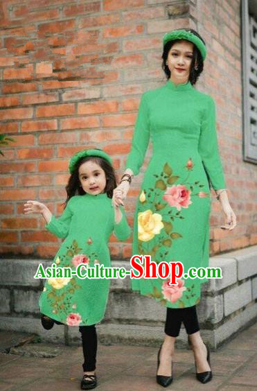 Traditional Top Grade Asian Vietnamese Costumes Classical Printing China Rose Flowers Green Cheongsam, Vietnam National Mother-daughter Ao Dai Dress for Women for Kids
