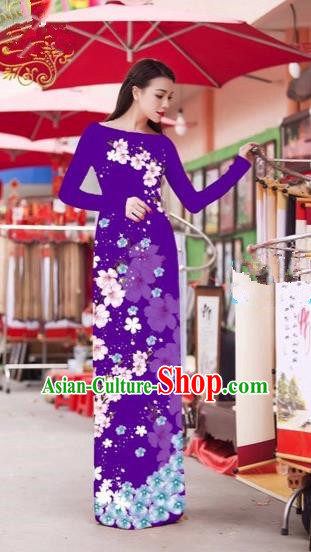 Traditional Top Grade Asian Vietnamese Costumes Classical Princess Printing Cheongsam, Vietnam National Bride Purple Ao Dai Dress for Women