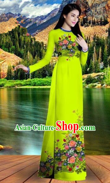 Traditional Top Grade Asian Vietnamese Costumes Classical Printing Bright Green Cheongsam, Vietnam National Vietnamese Bride Ao Dai Dress for Women