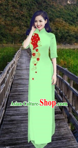 Traditional Top Grade Asian Vietnamese Costumes Classical Printing Light Green Cheongsam, Vietnam National Vietnamese Bride Ao Dai Dress for Women