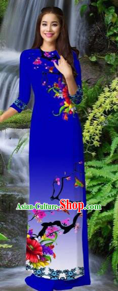 Traditional Top Grade Asian Vietnamese Costumes Classical Royallue Cheongsam, Vietnam National Printing Ao Dai Dress for Women