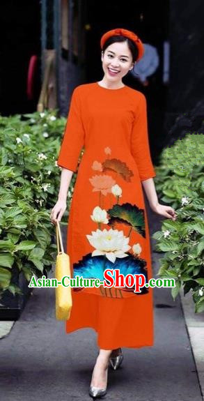 Traditional Top Grade Asian Vietnamese Costumes Classical 3D Printing Flowers Cheongsam Dance Clothing, Vietnam National Vietnamese Orange Ao Dai Dress for Women