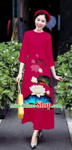 Traditional Top Grade Asian Vietnamese Costumes Classical 3D Printing Flowers Cheongsam Dance Clothing, Vietnam National Vietnamese Wine Red Ao Dai Dress for Women