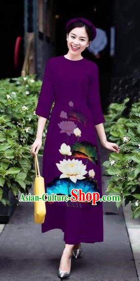 Traditional Top Grade Asian Vietnamese Costumes Classical 3D Printing Flowers Cheongsam Dance Clothing, Vietnam National Vietnamese Purple Ao Dai Dress for Women