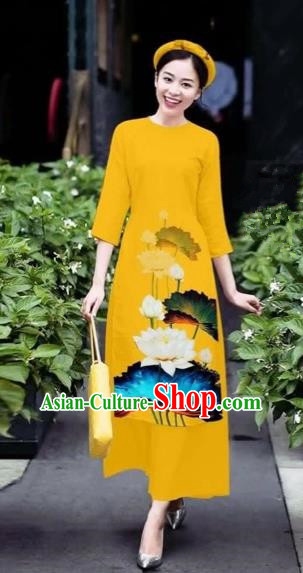Traditional Top Grade Asian Vietnamese Costumes Classical 3D Printing Flowers Cheongsam Dance Clothing, Vietnam National Vietnamese Yellow Ao Dai Dress for Women