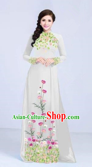 Traditional Top Grade Asian Vietnamese Costumes Classical Painting Flowers Cheongsam, Vietnam National Vietnamese Young Lady White Ao Dai Dress