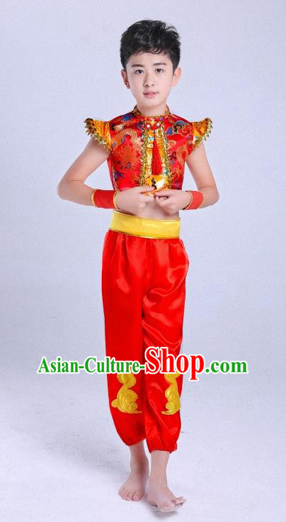 Traditional Chinese Classical Dance Yangge Fan Dance Costume, Children Folk Dance Drum Dance Uniform Yangko Red Clothing for Boys Kids