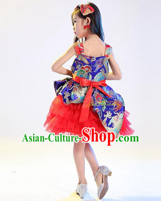 Top Grade Professional Performance Catwalks Costume, China Style Dragon Children Chorus Full Dress Modern Dance Little Princess Red Bubble Dress for Girls Kids