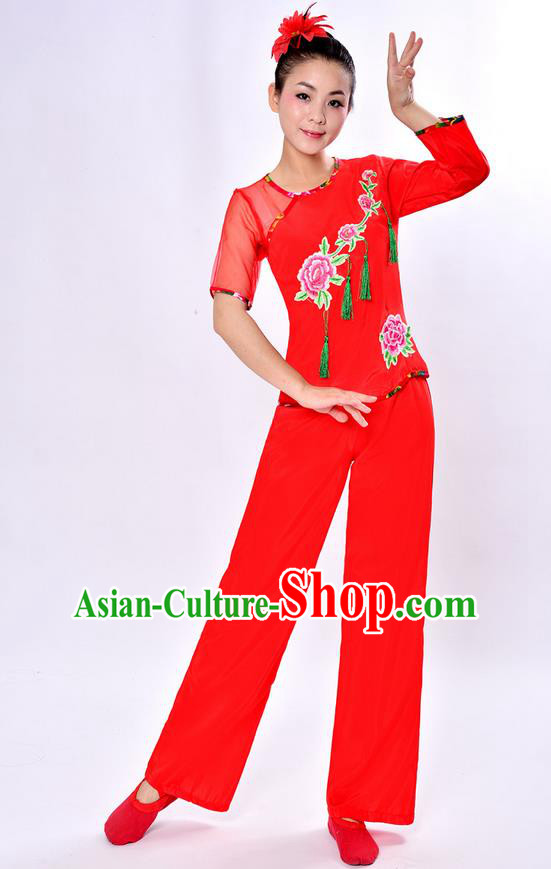 Traditional Chinese Classical Dance Yangge Fan Dancing Costume, Folk Dance Drum Dance Peony Uniforms Yangko Red Clothing Set for Women