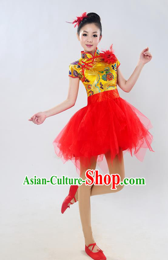 Traditional Chinese Classical Dance Yangge Fan Dance Costume, Folk Dance Drum Dance Uniform Yangko Golden Bubble Dress for Women