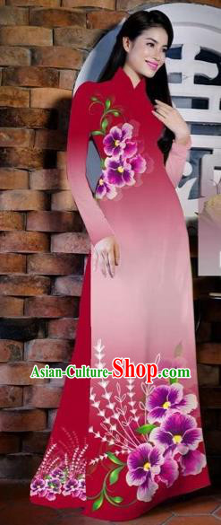 Traditional Top Grade Asian Vietnamese Costumes Classical Painting Flowers Wine Red Cheongsam, Vietnam National Vietnamese Young Lady Bride Wedding Ao Dai Dress