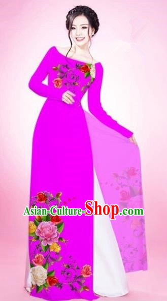 Traditional Top Grade Asian Vietnamese Costumes Classical Painting Flowers Rosy Cheongsam, Vietnam National Vietnamese Young Lady Bride Wedding Round Collar Ao Dai Dress