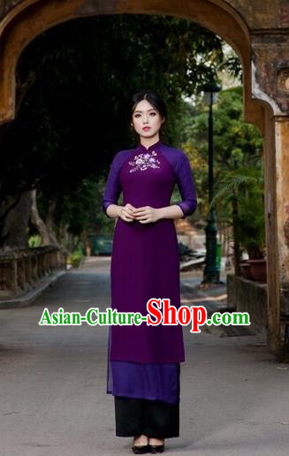 Traditional Top Grade Asian Vietnamese Costumes Classical Painting Wedding Cheongsam, Vietnam National Vietnamese Young Lady Bride Stand Collar Purple Ao Dai Dress