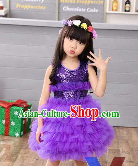 Top Grade Professional Performance Catwalks Costume, Children Chorus Full Dress Modern Dance Little Princess Purple Paillette Bubble Dress for Girls Kids