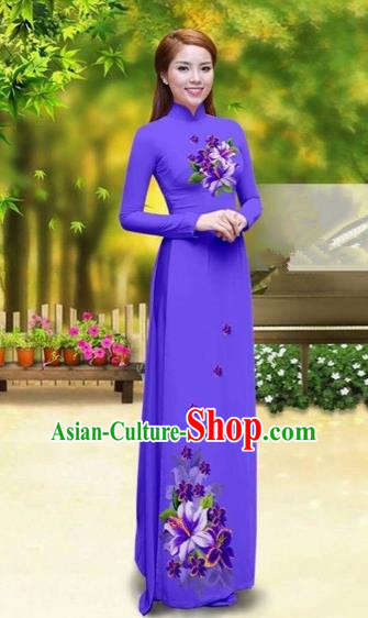Traditional Top Grade Asian Vietnamese Costumes Classical Printing Greenish Lily Flower Cheongsam, Vietnam National Vietnamese Young Lady Pinkish Purple Chiffon Ao Dai Dress