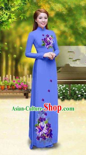 Traditional Top Grade Asian Vietnamese Costumes Classical Printing Greenish Lily Flower Cheongsam, Vietnam National Vietnamese Young Lady Blue Chiffon Ao Dai Dress