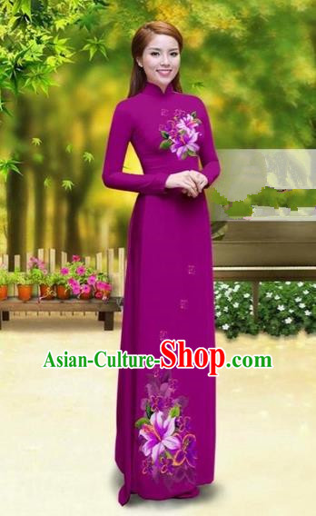 Traditional Top Grade Asian Vietnamese Costumes Classical Printing Greenish Lily Flower Cheongsam, Vietnam National Vietnamese Young Lady Amaranth Chiffon Ao Dai Dress