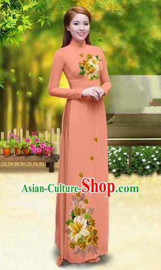 Traditional Top Grade Asian Vietnamese Costumes Classical Printing Greenish Lily Flower Cheongsam, Vietnam National Vietnamese Young Lady Orange Chiffon Ao Dai Dress