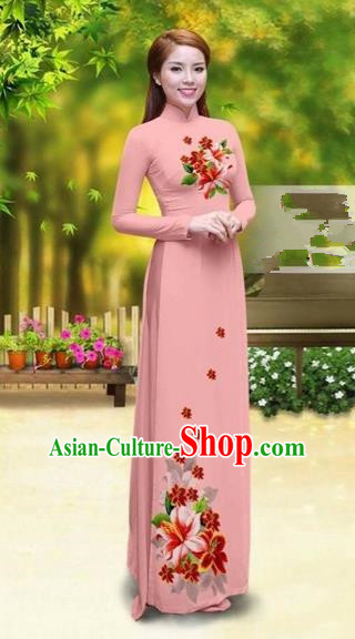 Traditional Top Grade Asian Vietnamese Costumes Classical Printing Greenish Lily Flower Cheongsam, Vietnam National Vietnamese Young Lady Pink Chiffon Ao Dai Dress