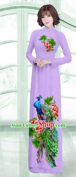 Traditional Top Grade Asian Vietnamese Costumes Classical Printing Peacock Cheongsam, Vietnam National Vietnamese Young Lady Lilac Ao Dai Dress
