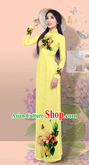 Traditional Top Grade Asian Vietnamese Costumes Classical 3D Printing Cheongsam, Vietnam National Vietnamese Young Lady Miss Etiquette Yellow Ao Dai Dress