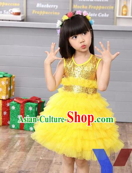 Top Grade Professional Compere Modern Dance Costume, Children Opening Dance Chorus Uniforms Paillette Yellow Bubble Dress for Girls