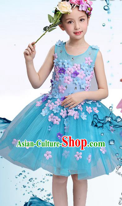 Top Grade Professional Compere Modern Dance Costume, Children Opening Dance Chorus Uniforms Flower Faerie Princess Blue Bubble Dress for Girls